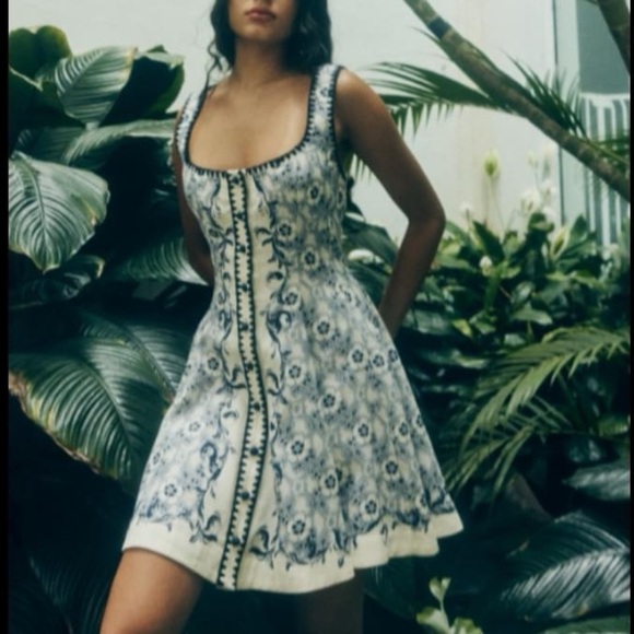 Airlie Toile Linen Scoop-Neck Mini Dress - Picture 1 of 12